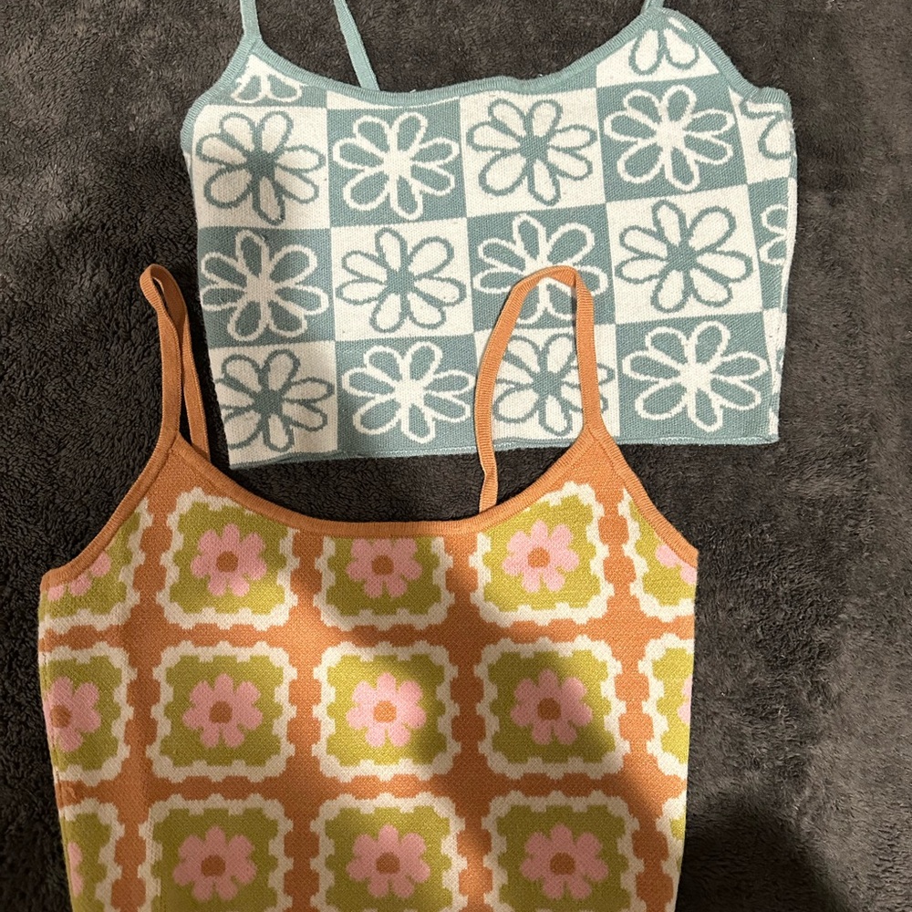 Floral Patterned Women's Tops - Blue and Orange